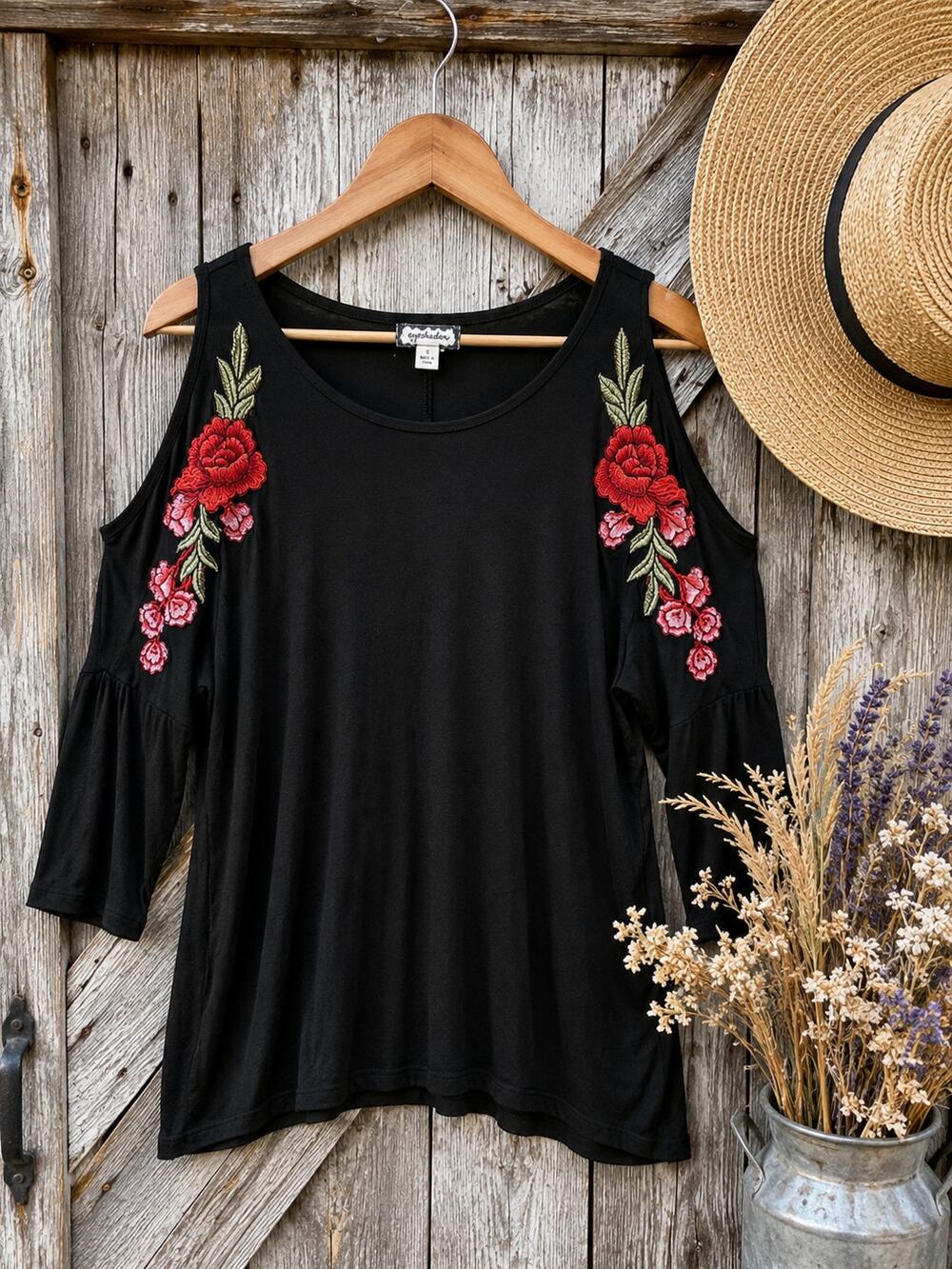 Eyeshadow Black Cold Shoulder Floral Embroidered Top Small Boho 3/4 Sleeve